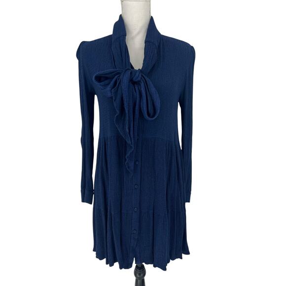 Sezane Selena Tie Neck Long Sleeve Navy Blue Tiered Dress - Picture 5 of 15